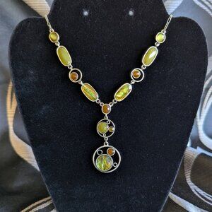 Castro Style Silver Tone Abalone and Cut Crystals Necklace